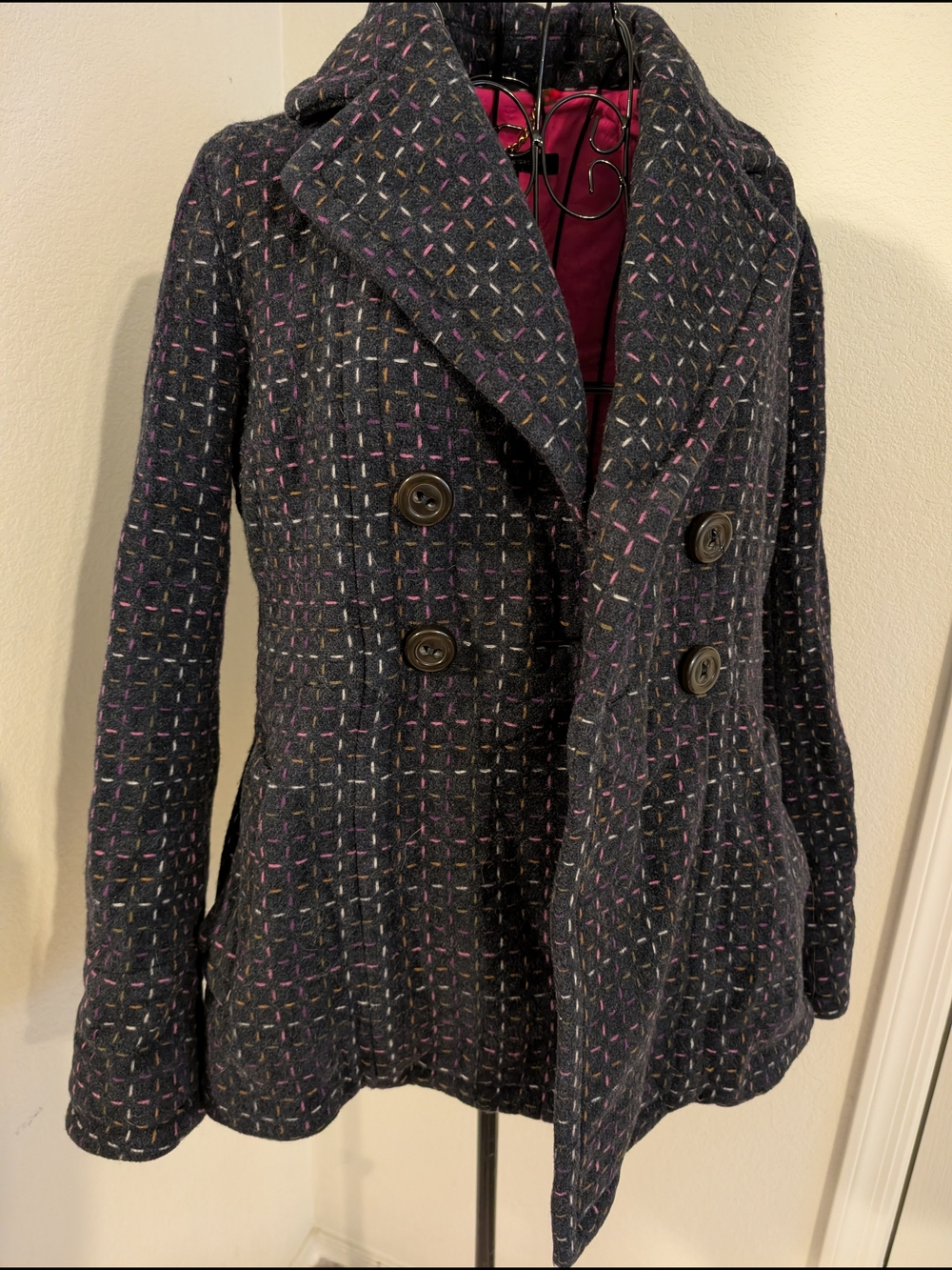 Marc By Marc Jacobs Blue Tweed Peacoat with Multicolor Stitching Size Medium